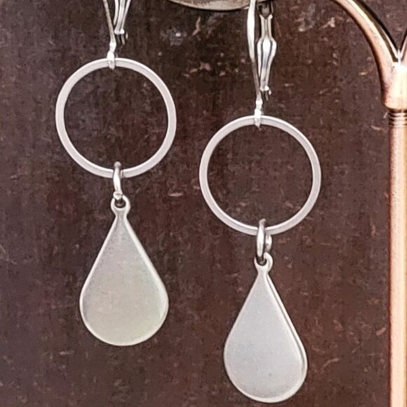 TEARDROP Circle Stainless Steel Lever Back Earrings Minimalist - Picture 2 of 14